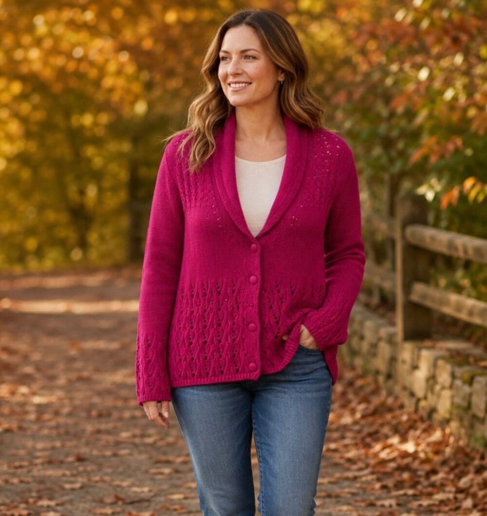 Norm Thompson Open Knit Cardigan Large Red Cotton Button Front